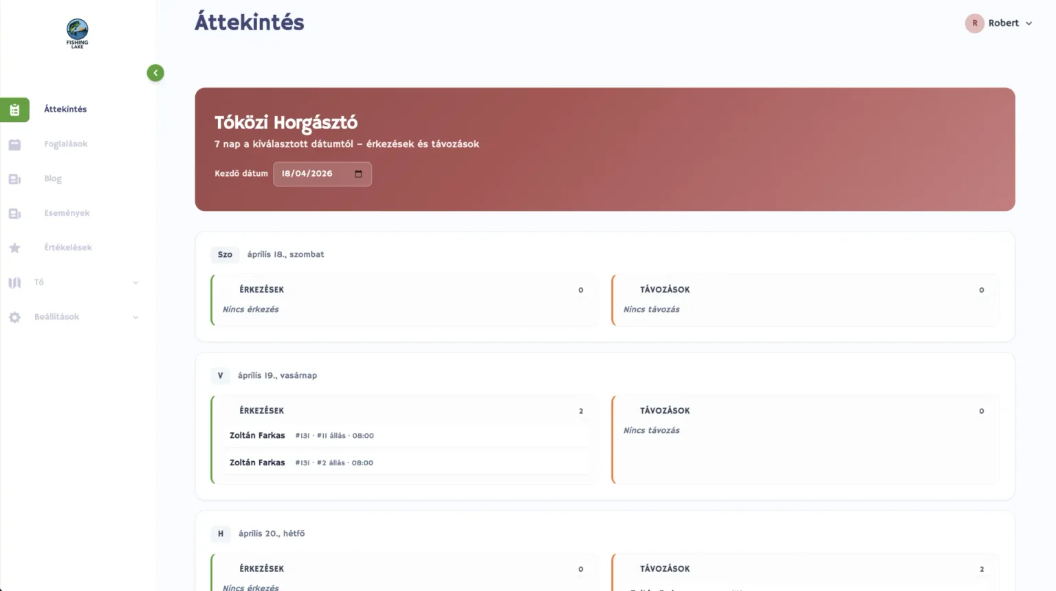Vezérlőpult érkezésekkel, távozásokkal és fizetési állapottal