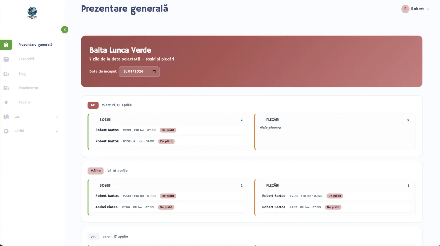Panou de control cu sosiri, plecări și status plăți